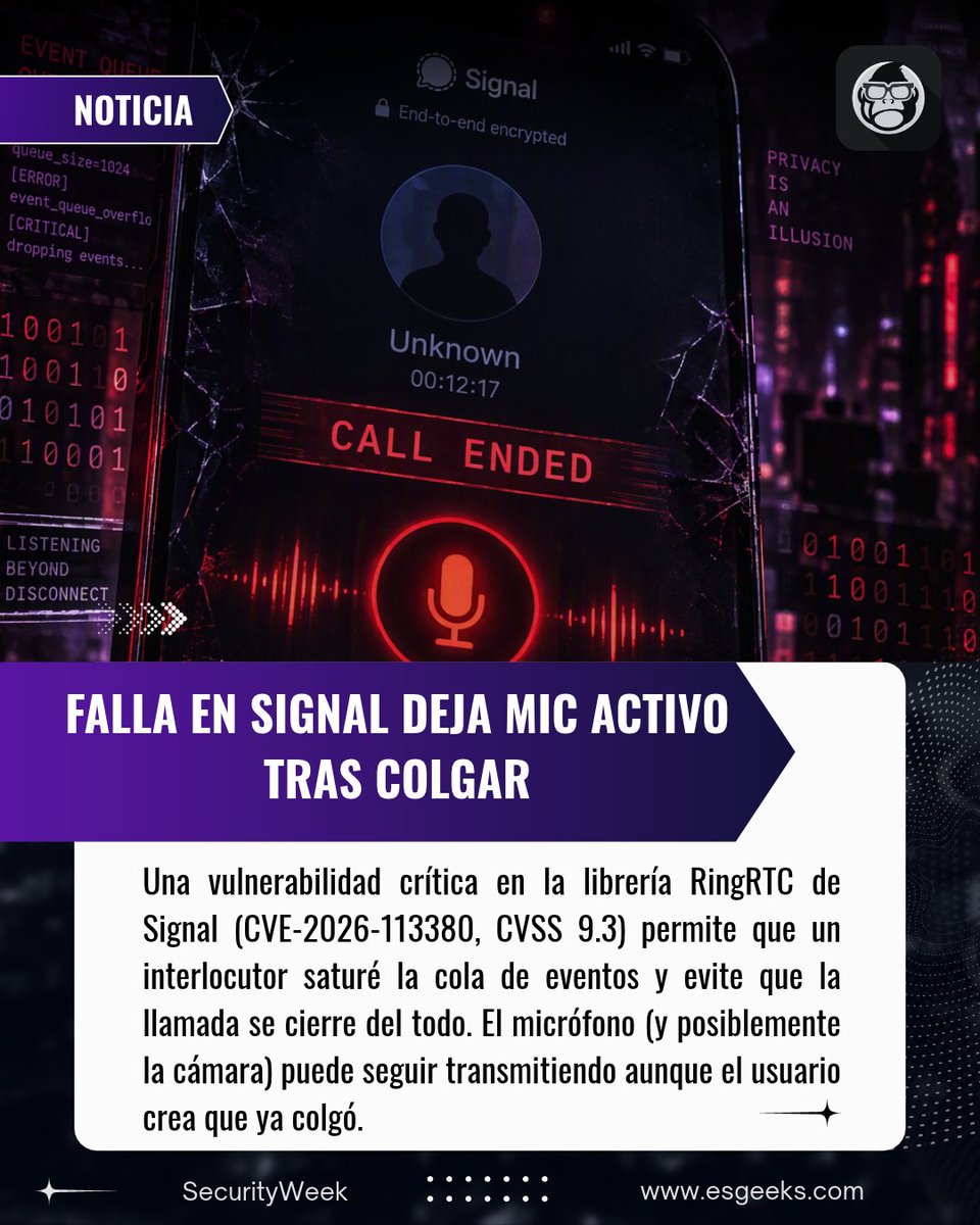 EsGeeks's tweet photo. 🚨 Falla crítica en Signal (CVE-2026-113380): un interlocutor puede impedir que la llamada se cierre del todo. El mic (y posiblemente la cámara) sigue activo aunque creas que colgaste. Actualiza a la última versión ya. CVSS 9.3.

#Signal #Ciberseguridad #Privacidad #Messenger https://t.co/bJKoE6X72p