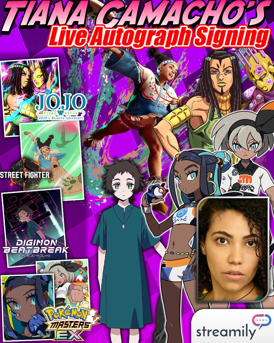 StreamilyLive's tweet photo. 🦋⚡ JOJO'S BIZARRE ADVENTURE, POKÉMON & MORE! TIANA CAMACHO AUTOGRAPHS!

From Ermes Costello in JoJo's Bizarre Adventure: Stone Ocean to Bea in Pokémon Journeys, Tiana Camacho has brought some incredible characters to life! 💜

Whether you're a JoJo fan or looking to add a favorite character to your collection, check out Tiana's shop and grab a personalized autograph! ✍️

👉 https://t.co/uhaND5hH3l

#JoJosBizarreAdventure #Pokemon #StellarBlade #TianaCamacho #Streamily
