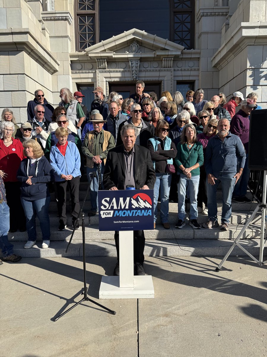 JonBowzerBauman's tweet photo. A campaign is only as good as its activists. Wow, did they turn out on the courthouse steps in Missoula for @SamForstag!!! Here we all are getting ready for our press conference to begin. Every senior issues advocacy org that endorses endorsed Sam, including my @SSW PAC!!! https://t.co/jrUsdyfYh4