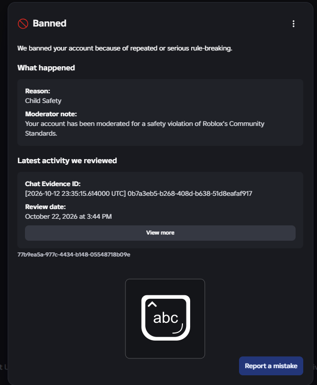 DeltaOverseer's tweet photo. bro, i hate this.

I literally did nothing for 1 month, and i got banned for a false reason or idk, because y played today and not the 10/12. Do something with this #ROBLOX https://t.co/7QohLPCdgh