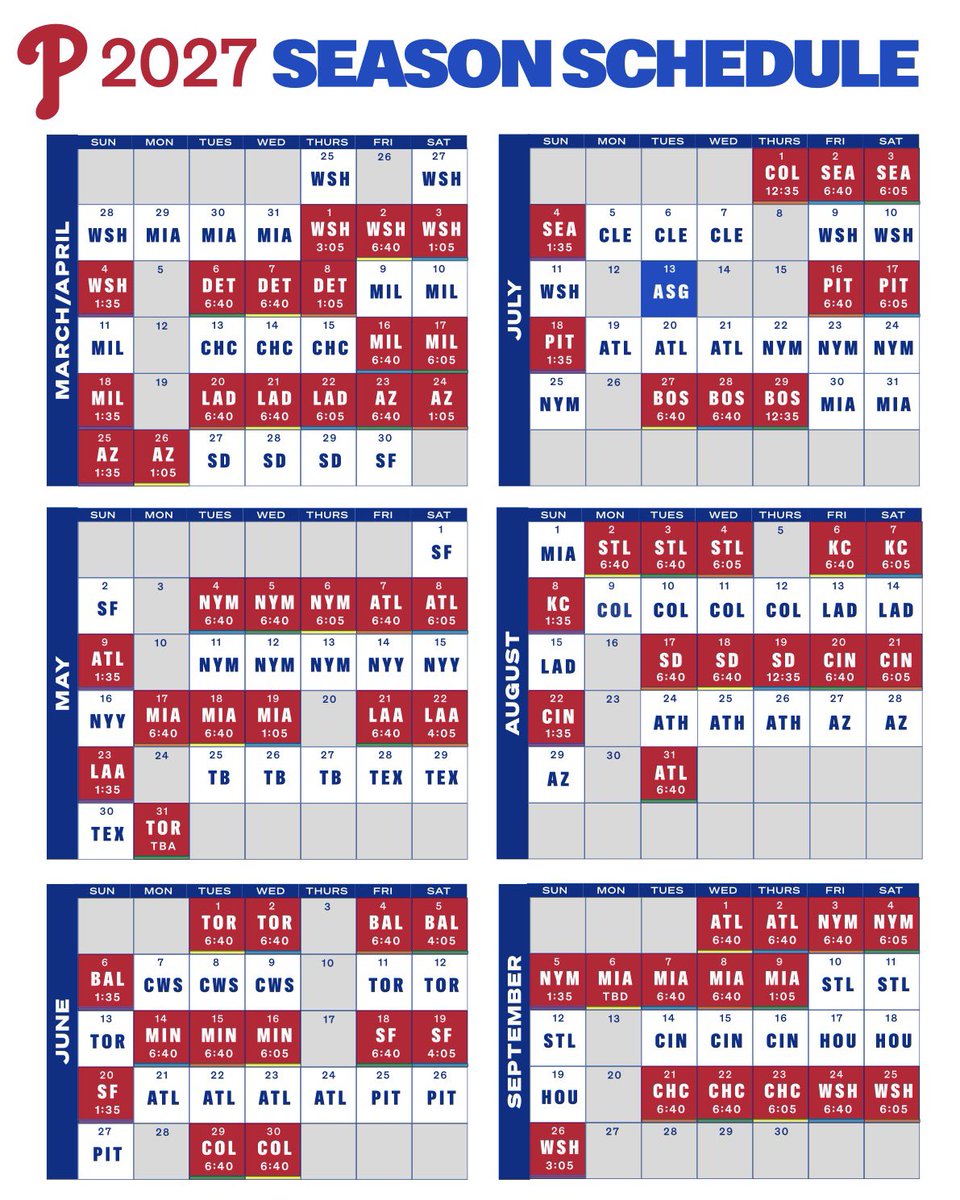 PhilsTailgate's tweet photo. The Phillies released start times for Home Games during the 2027 season.

The Home Opener against the Washington Nationals will be at 3:05pm.

The majority of Home Night Games will start at 6:40pm. https://t.co/2lhcMk0D4G