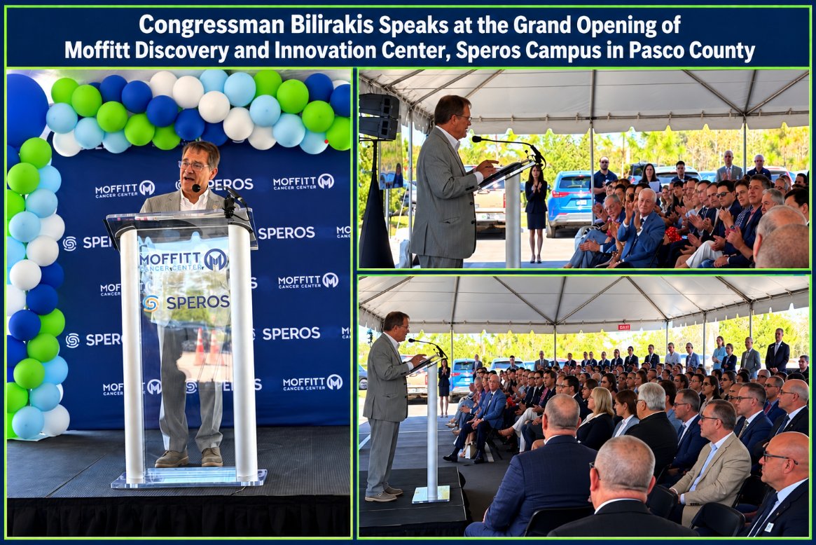 A three-panel collage shows a man speaking at a podium during the grand opening of a cancer center innovation facility. The event is held under a tent, with a seated audience watching and applauding. A headline and organization logos are visible.