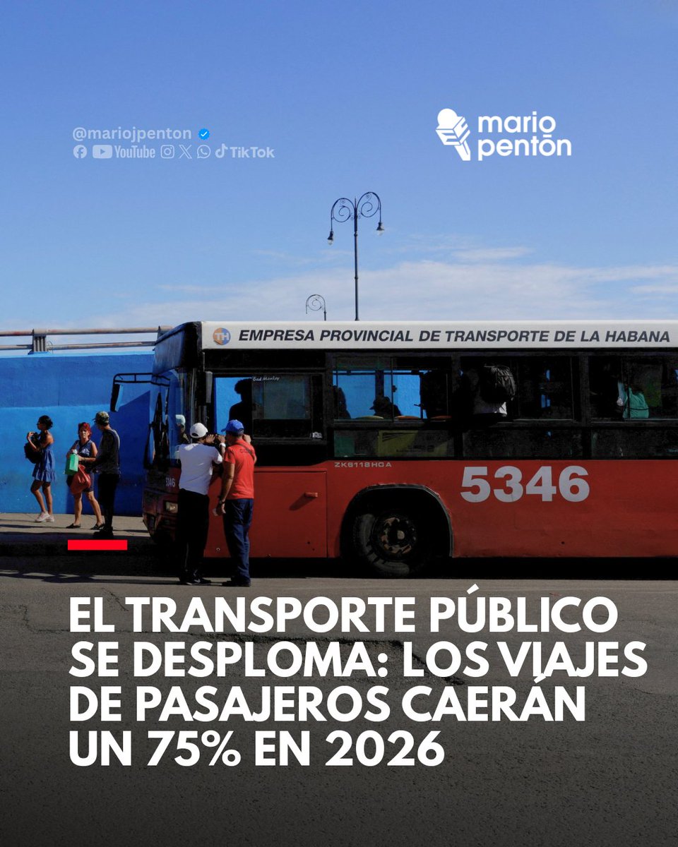 MarioJPenton's tweet photo. 🔴 El transporte público en Cuba atraviesa una de las peores crisis de su historia. Según cifras ofrecidas a Reuters por el ministro de Transporte, Eduardo Rodríguez Dávila, los viajes de pasajeros caerán un 75% en 2026 respecto al año anterior. Las salidas diarias de ómnibus desde La Habana hacia las provincias se redujeron de 419 a solo 11, mientras que las rutas nacionales pasaron de más de 100 a apenas 21.

⭕ El transporte interurbano podría caer un 90% y el traslado de mercancías disminuiría de 70 millones de toneladas en 2025 a unos 20 millones este año. La falta de opciones obliga a los cubanos a recurrir a viajes compartidos y servicios privados cada vez más costosos. El ministro atribuyó el deterioro principalmente a las restricciones estadounidenses sobre el suministro de combustible.

⭕ Ante la escasez de combustible, el Gobierno impulsa el uso de vehículos eléctricos, que ya suman unos 150.000, el doble que en 2025. Sin embargo, la crisis energética también limita esta alternativa. Decenas de triciclos eléctricos estatales permanecen paralizados por falta de electricidad para recargarlos, lo que evidencia las dificultades de mantener este servicio en medio de los constantes apagones.

REUTERS