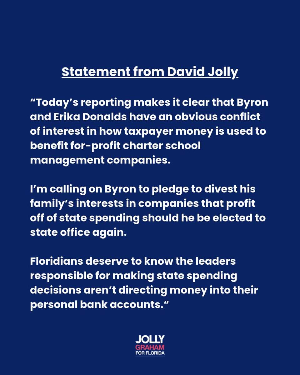 davidjollyfl's tweet photo. New reporting shows that state-funded charter schools have paid more than $30 million to private companies tied to Byron Donalds' family. I'm calling on him to divest.

https://t.co/WVF6ada0ns https://t.co/qMqvSvMoY2