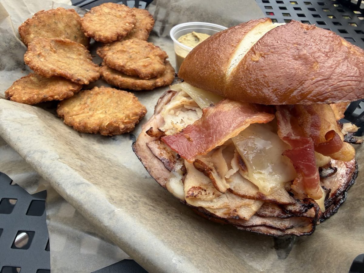 winkinglizard's tweet photo. 🥨 HAM IT UP! 🥓

Have you tried it yet?
Black Forest Ham Sandwich with ham, roasted turkey, Swiss cheese and applewood bacon piled high on a soft pretzel bun. 🥪 Served with everyone’s favorite potato pancakes! 🤤

⏳ Available for a limited time on our seasonal menu. https://t.co/qQmLsPWCia
