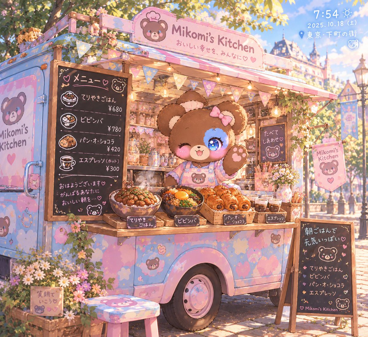 MikomiChuu's tweet photo. ☀️🛻 7:54 AM OPEN! ☕🍙
​朝ごはんできました！✨
照り焼き / ビビンバ / パン・オ・ショコラ 🥐☕
​今日も元気にいってらっしゃい！💜
​#ミコミズキッチン #ゆるかわ #ゆるかわイラスト #朝ごはん部 #ほっこり日常 #キッチンカー https://t.co/LBRdTh8MyS