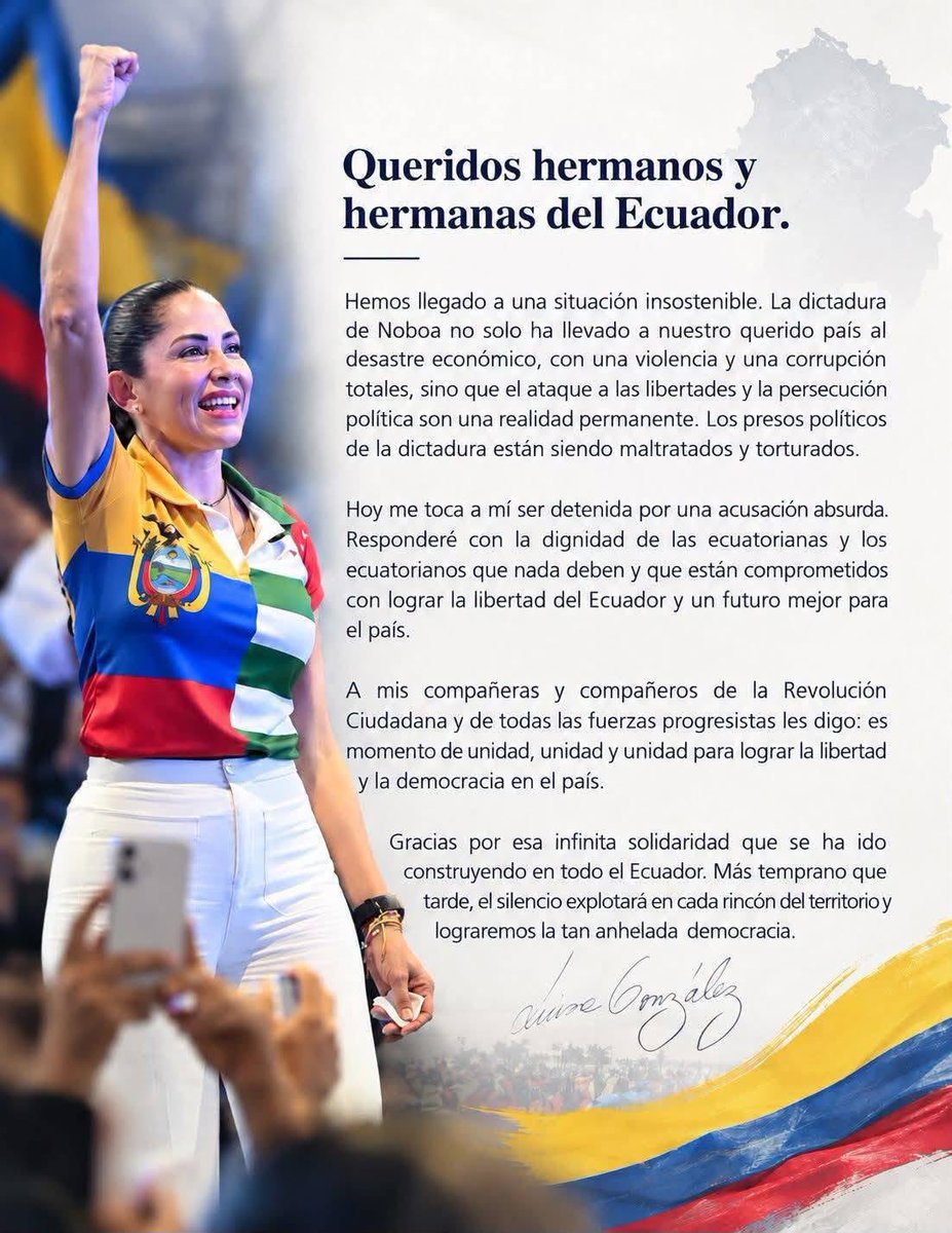 agustingc2012's tweet photo. Nuestra solidaridad y respaldo a la compañera @LuisaGonzalezEc, dirigenta de la Revolución Ciudadana en Ecuador y ex candidatos presidencial. 
Ha sido detenida, acusada de hechos absurdos y falsos. La verdadera razón, es haber denunciado en el debate presidencial del año anterior, que el actual presidente de ese país @DanielNoboaOk se dedica al narcotráfico. Es una venganza política. 
#LibertadParaLuisa