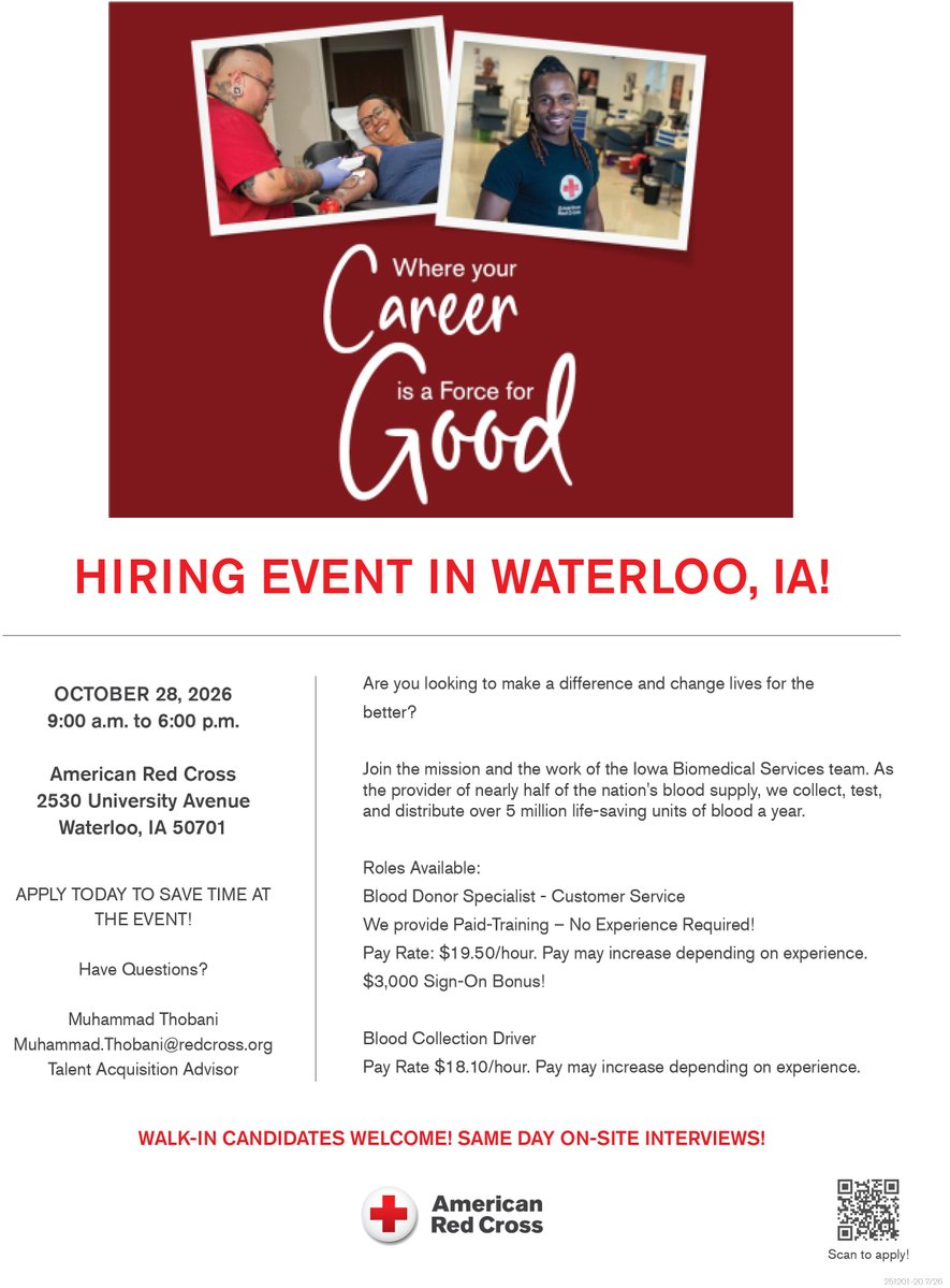 IowaRedCross's tweet photo. Join us for a hiring event in Waterloo on Wednesday, October 28, 2026, from 9:00 a.m. to 6:00 p.m. at the American Red Cross, 2530 University Avenue, Waterloo, IA 50701. https://t.co/cf9c9cmYnM