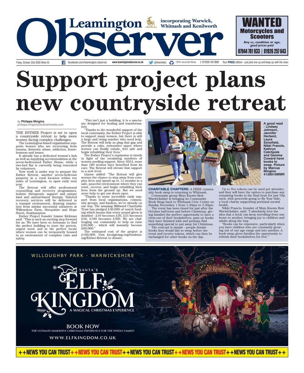 AndyGibsonTV's tweet photo. "SUPPORT PROJECT PLANS NEW COUNTRYSIDE RETREAT"
@PhilippaMingins for @LeamObs
Leamington-based charity The Esther Project plans to open a countryside retreat within ten miles of Leamington to support women recovering from trauma.
#LeamingtonObserver
#TomorrowsPapersToday