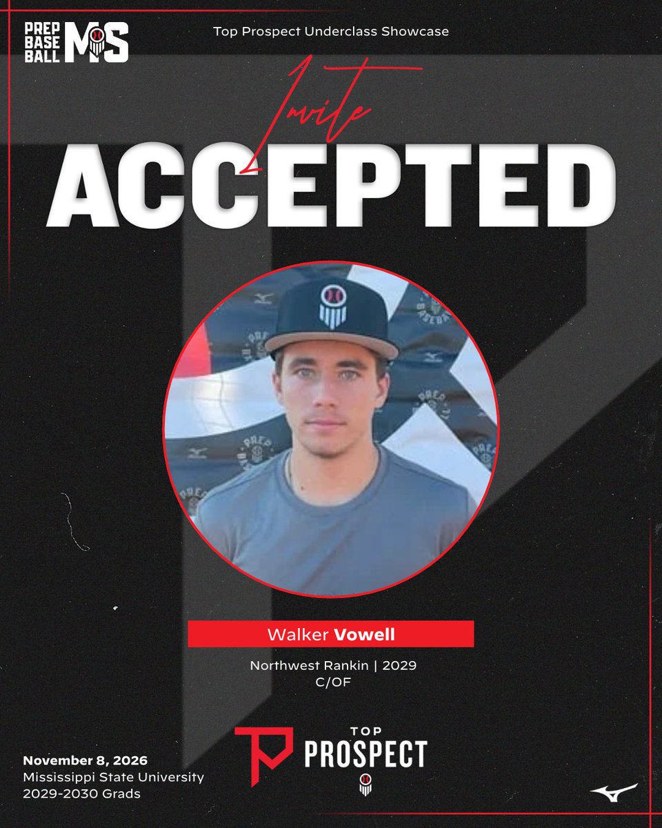 PrepBaseballMS's tweet photo. #𝐌𝐒𝐓𝐏𝐔𝐒𝟐𝟔: 𝐈𝐧𝐯𝐢𝐭𝐞 𝐀𝐜𝐜𝐞𝐩𝐭𝐞𝐝 👏

'29 C/OF Walker Vowell (@WalkerVowell_29; @NWR_Baseball) is 𝐋𝐎𝐂𝐊𝐄𝐃 𝐈𝐍 🔐 and set to attended the Mississippi Top Prospect Underclass Showcase at Dudy Noble Field in Starkville, MS on November 8th. 👀

Limited spots remain for our top invite-only event of the fall, request your invite below. ⤵️

🖇️: https://t.co/N5toDny7UT