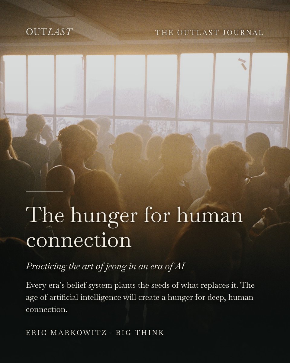 EricMarkowitz's tweet photo. My latest essay—The Hunger for Human Connection—is now published in @bigthink's print magazine. 

https://t.co/u4iDwkYUxh

In the piece, I make a pretty simple argument: the AI boom will  inevitably change culture and society in many ways, but perhaps the most obvious is that it's going to reignite a desire for real, in-person connection. 

From the piece: 

"The robots are coming, yes, and many of them will genuinely help us lead safer, healthier lives. But it’s on each of us to ensure that in automating the labor of life, we do not automate away its substance: the bond of community. Which is, in the end, the purpose of being alive."

And if you want to get the print magazine (who wouldn't?!) sign up here: https://t.co/vK1xjCNJ05

And, as always, sign up for The Outlast Journal—my weekly newsletter and column—here: https://t.co/z23gtQGVSh

Many thanks to Stephen Johnson, @KristinJHouser, @marvinliyanage, Ana Kova, @seantmcvey, @chandlertuttle  and all the many Big Think collaborators who are stewarding one of the world's most intellectually ambitious media companies!