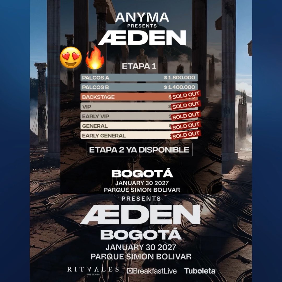 An event poster for “ANYMA PRESENTS ADEN” in Bogotá, January 30 2027, Parque Simón Bolívar, with ticket tiers and several marked “SOLD OUT.”