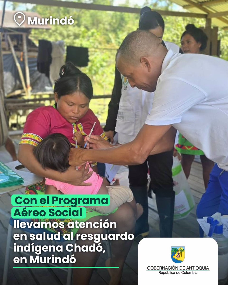 FNDCol's tweet photo. 🩺 ¡La salud llegó a las comunidades indígenas de Antioquia! La @GobAntioquia llevó atención a más de 100 niñas, niños y adultos del resguardo indígena Chadó, en Murindó. La jornada incluyó vacunación, medicamentos y kits de salud. #TodosSomosRegión https://t.co/gTMvlxUac4