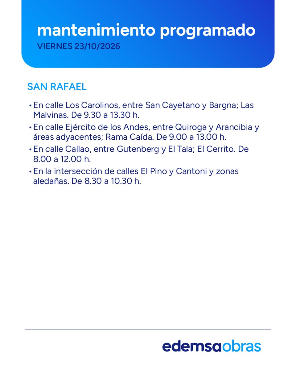 Edemsa's tweet photo. ⚠️ Mantenimiento Programado #Edemsa
Viernes 23 de Octubre.
Afectación del servicio en las siguientes zonas y horarios.
Recordá que podés consultar el #Mantenimiento2026 en nuestra web https://t.co/dXA7e8Bp7r https://t.co/rc2LIiptMN