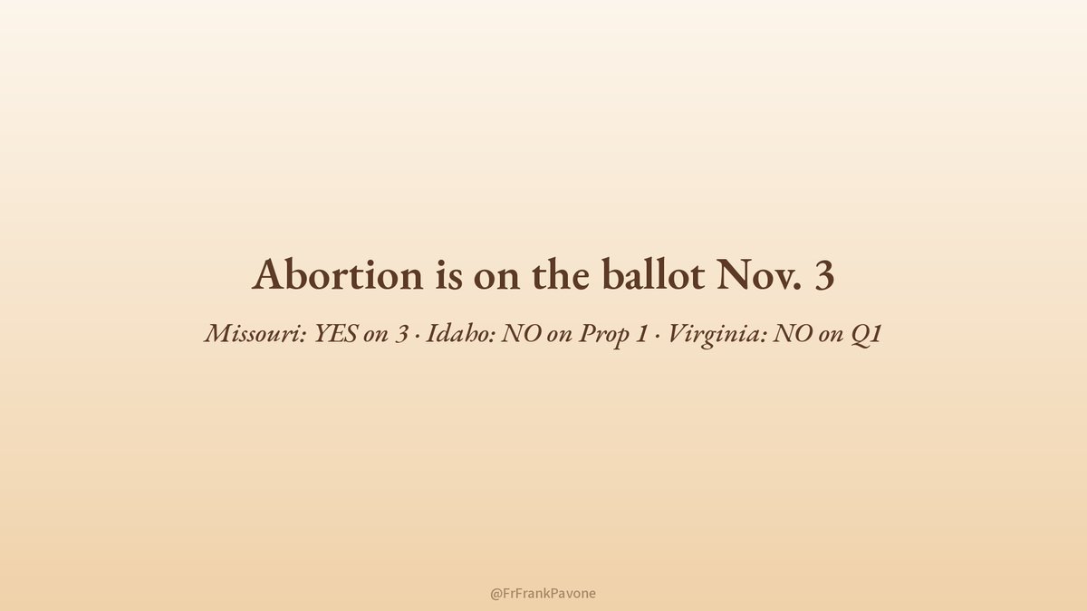 frfrankpavone's tweet photo. Abortion is on the ballot Nov. 3.

Missouri: YES on 3
Idaho: NO on Prop 1
Virginia: NO on Q1

Know what's on your ballot. Share with a friend in one of these states.
#ProLife https://t.co/gzZ4JFymXT