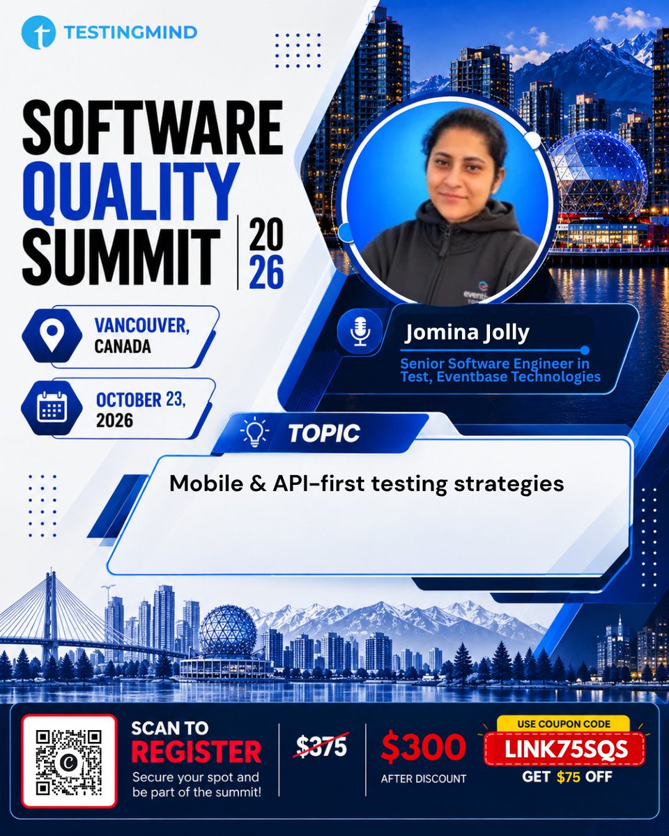 testingmindcon's tweet photo. How do you ensure mobile apps work reliably from screen to system?

Join Jomina Jolly at Software Quality Summit Vancouver on 23 Oct 2026.

Pay $300 with LINK75SQS—save $75!

Register now: https://t.co/rkmGbezGRZ

#Testingmind https://t.co/j2rhTLkQPb