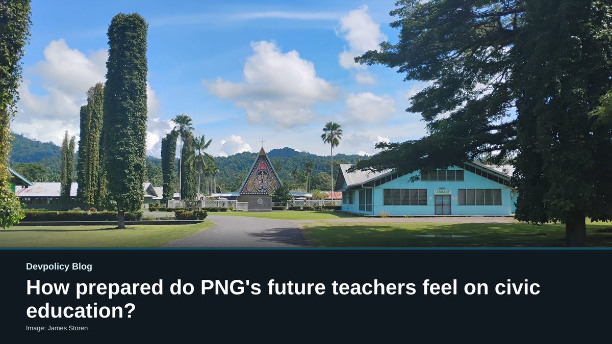 devpolicy's tweet photo. New survey of PNG student teachers finds strong confidence teaching civic values and national symbols, but much shakier confidence on the Constitution and civic institutions like government agencies.

https://t.co/mtCo0PpGnp

#PNG #CivicEducation #Education https://t.co/2mLub0MOGM
