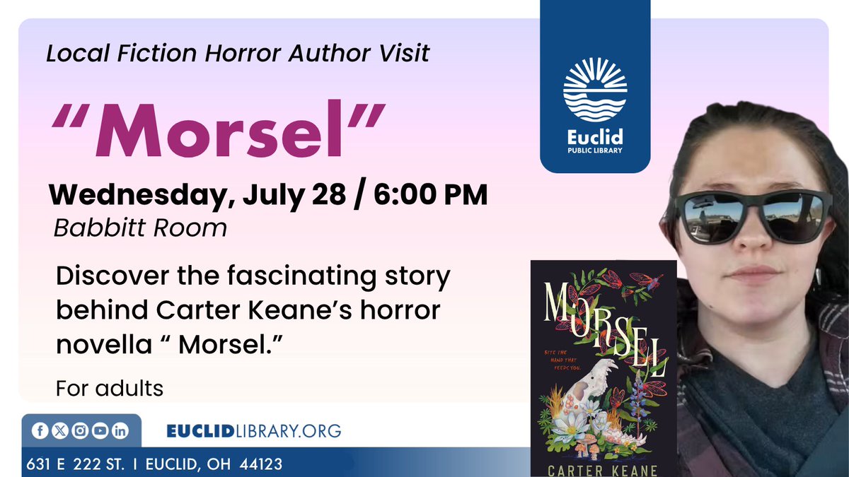 EuclidLibrary's tweet photo. If you love #horrornovels, come to EPL on October 28 at 6:00 pm and meet local author Carter Keane. You'll discover how Keane found inspiration for the horror novel "Morsel." Register to attend: https://t.co/5vrcvhXzVD
#OurEuclid https://t.co/9aXjbvBNd7
