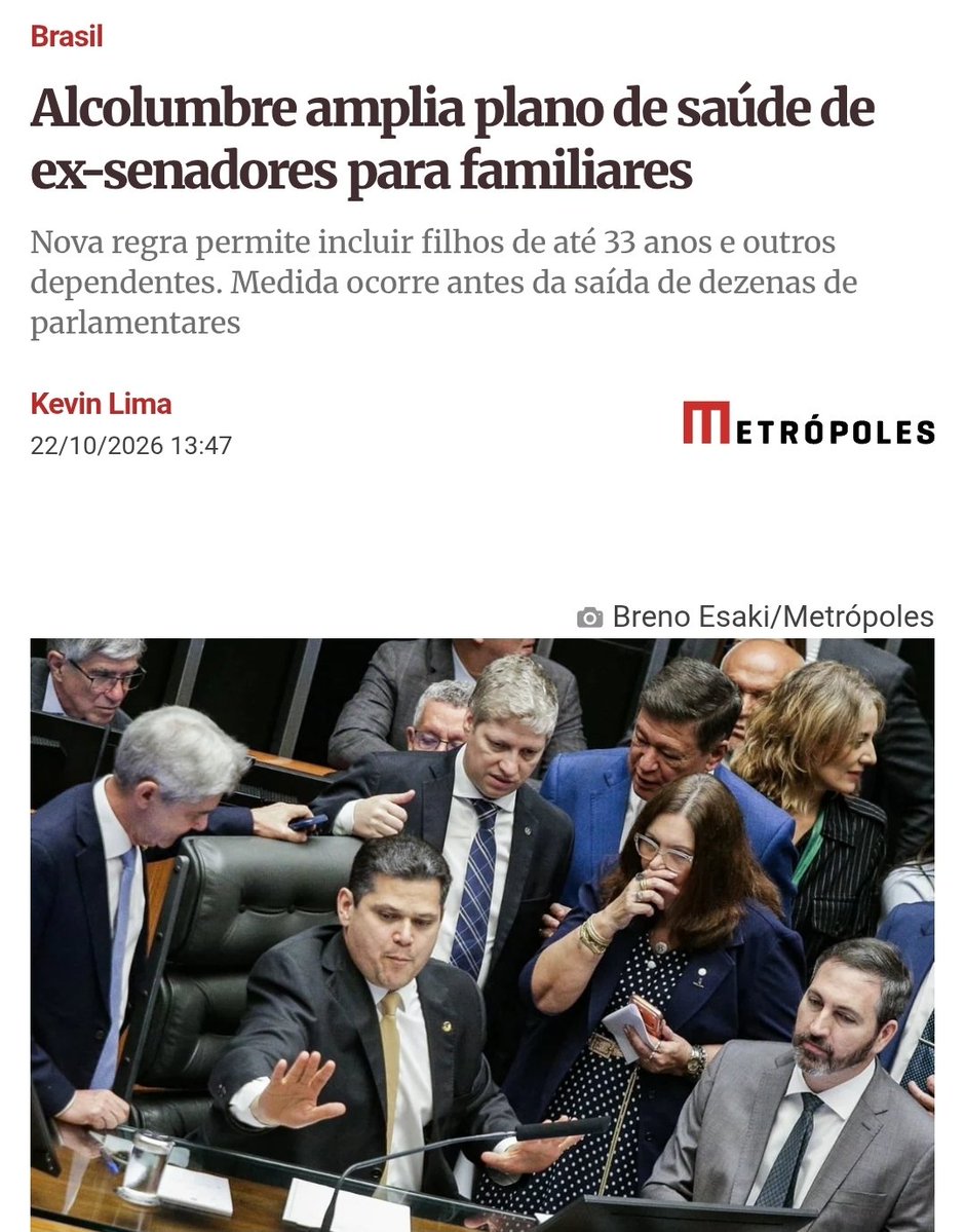 Terra__Brasilis's tweet photo. Agora o brasileiro vai pagar plano de saúde para familiares de ex-senadores. Um absurdo https://t.co/yxsatv8bM0