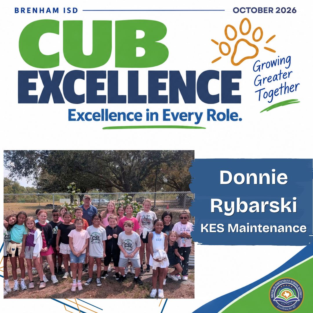 BrenhamISD's tweet photo. 🌟 OCTOBER CUB EXCELLENCE 🌟
Our seventh honoree is Mr. Donnie, KES maintenance team member and Fourth Grade Garden Club sponsor! Each Thursday at recess, he shares his expertise to help students and their garden grow! 💚
#ExcellenceForAll #WeAreBrenham https://t.co/kl5GsZHxGw