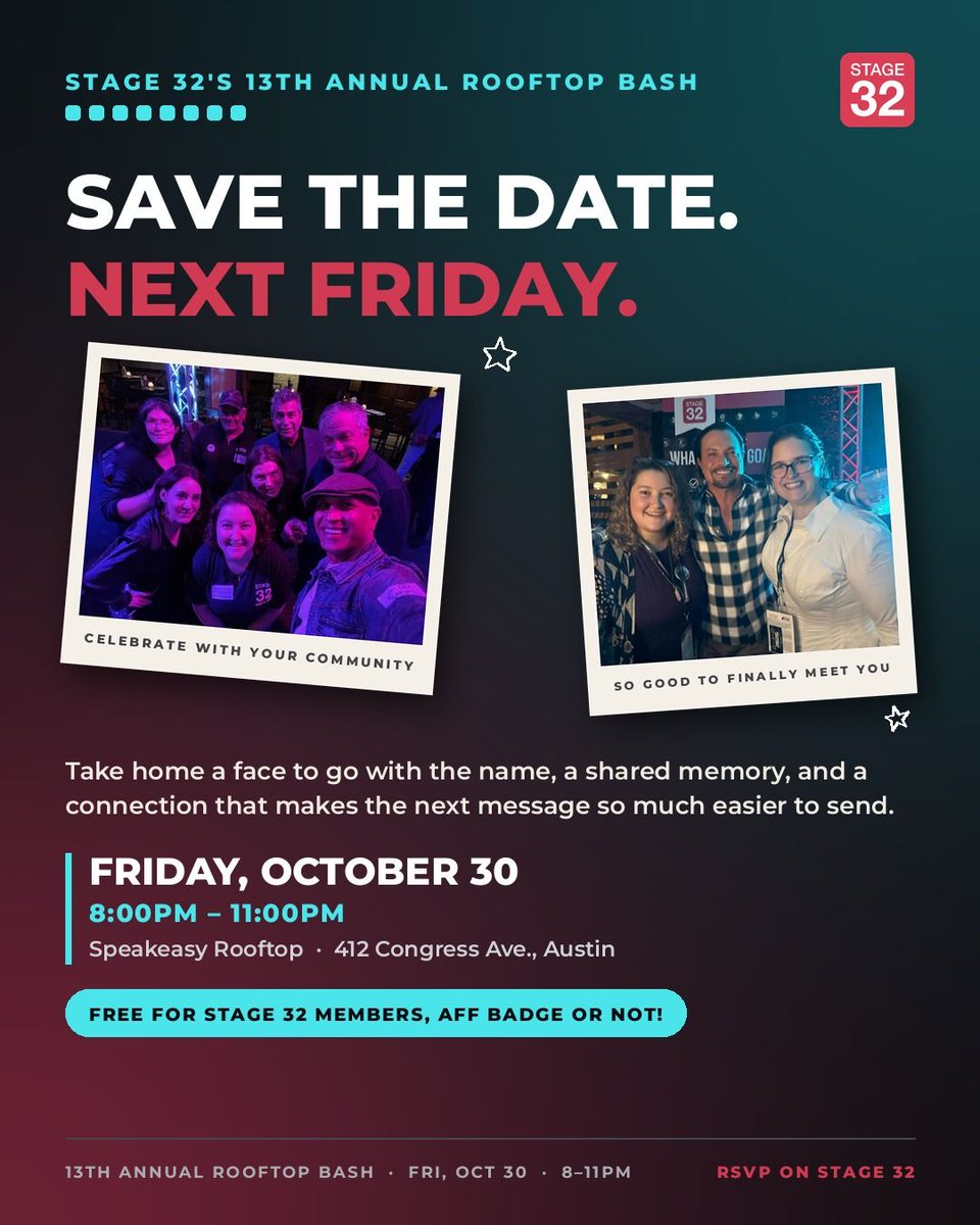 Stage32's tweet photo. Save the date.

Stage 32’s 13th Annual Rooftop Bash is next Friday, Oct 30, 8 to 11pm in Austin.

Free for Stage 32 members, AFF badge or not. Your first drink is on us.

Tag who you’re meeting on the rooftop.

Link to RSVP is in the first comment.

#stage32 #AustinFilmFestival https://t.co/YcB9GWzjQV