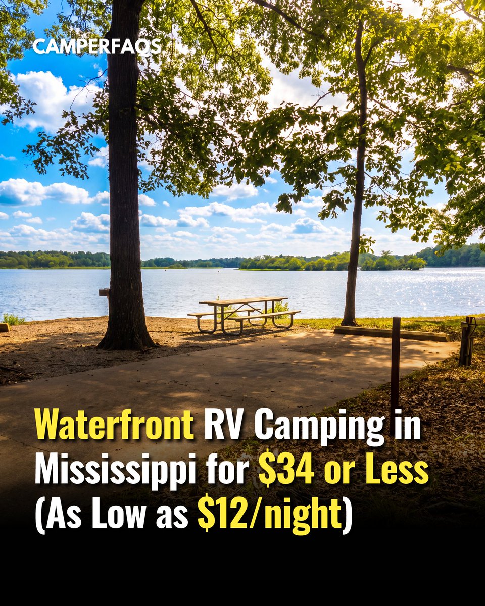 CamperFaqs's tweet photo. Waterfront RV camping for $34… or as low as $12 a night?

📌Save this one

It sounds like a typo, but there are actually several lakeside campgrounds in Mississippi where you can camp right on the water with hookups for $34 or less.

Even better, if you have the America the Beautiful Senior or Access Pass, some sites drop to around $12 per night.

I found 8 waterfront campgrounds that fit the bill.

Link to the full list: https://t.co/bGLsfO1Vy5