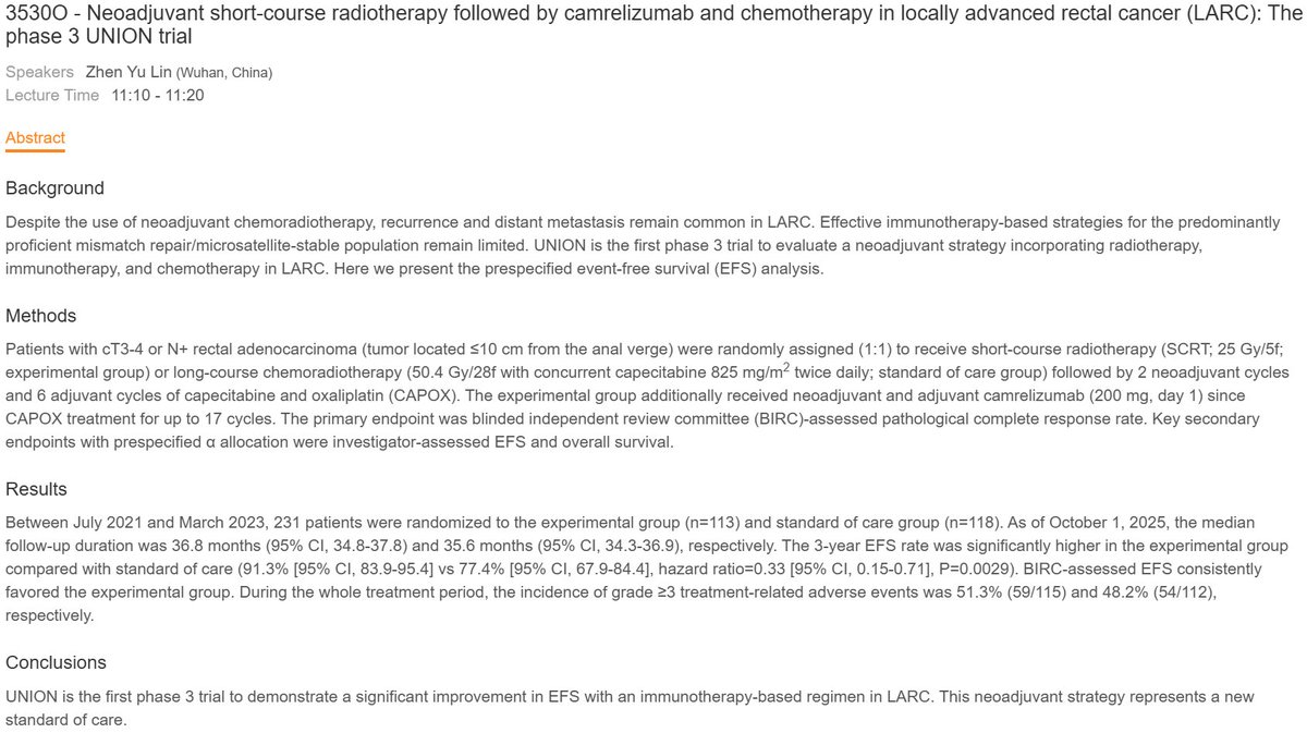 Krishan Jethwa ESMO 2026 slide: 3530O - Neoadjuvant short-course radiotherapy followed by camrelizumab