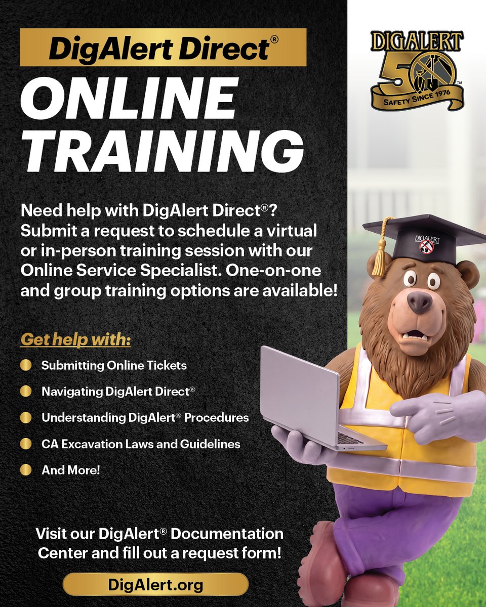 DigAlert's tweet photo. We get it. Sometimes, learning something new takes a little extra guidance and hands-on demonstration. That’s where we come in! 🙌
Our Online Service Specialist is here to help you get comfortable with DigAlert Direct® and make submitting tickets online easier and more efficient.
Whether you prefer personalized, one-on-one guidance or need to train an entire team, we offer virtual and in-person training sessions tailored to your needs.

🔗 Visit our DigAlert® Documentation Center at https://t.co/Y5BEBHYd7p and fill out a request form to get started!

#digalert #digalertdirect #811 #damageprevention #onlinetraining