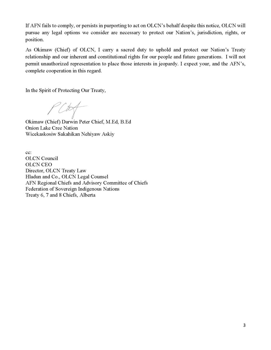 RussDiabo's tweet photo. Onion Lake Cree Nation Cease &amp; Desist Letter to AFN regarding First Ministers' Meeting in Ottawa October 26th! https://t.co/8qBUAAtmWd