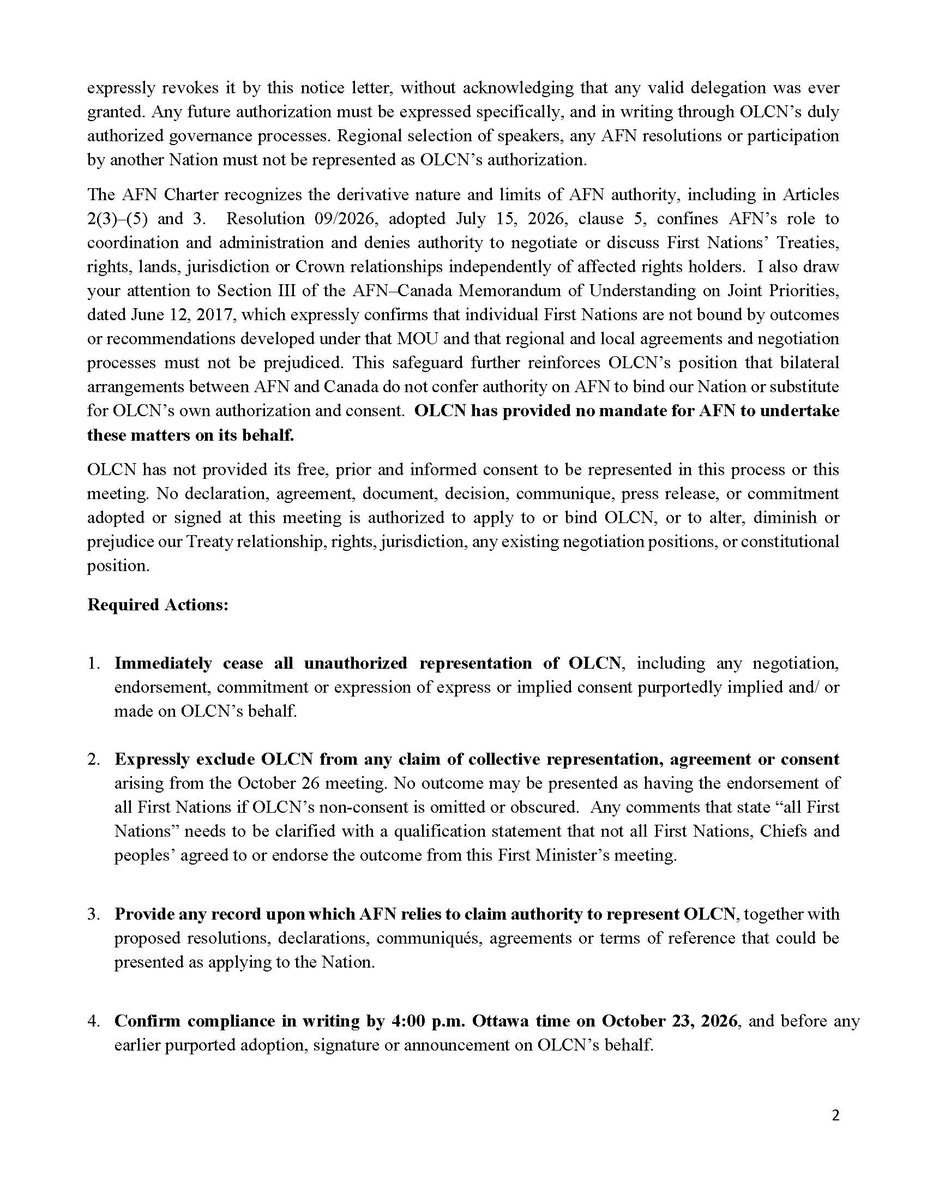 RussDiabo's tweet photo. Onion Lake Cree Nation Cease &amp; Desist Letter to AFN regarding First Ministers' Meeting in Ottawa October 26th! https://t.co/8qBUAAtmWd