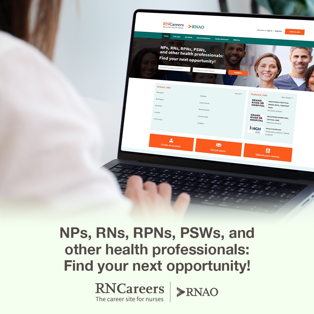 RNAO's tweet photo. Looking for a new job opportunity?
Visit https://t.co/ZaxZdnegCE for current job postings from top health-care employers looking for RNs, NPs, RPNs, PSWs, and other health professionals! #RNCareers https://t.co/P6SNhspA4U