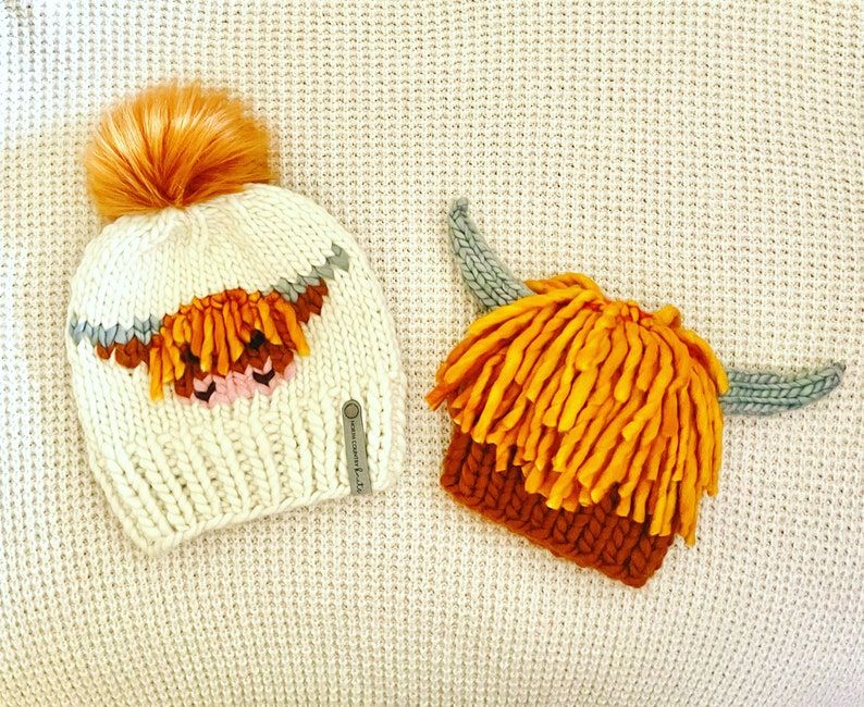 knithacker's tweet photo. The Cutest Highland Cow Beanie Patterns You Ever Did See! 👉 https://t.co/sr30RoKWTt - designed by Jessica Kogut of North Country Knits #knitting https://t.co/NPKmyQeTeE