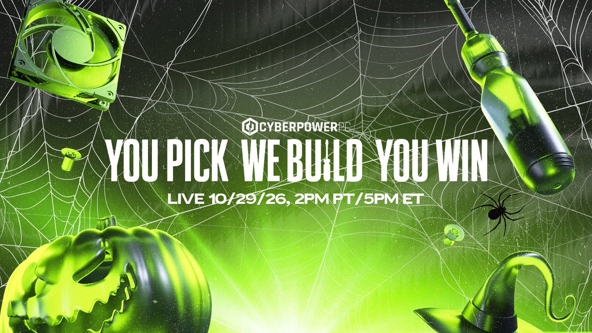 CYBERPOWERPC's tweet photo. Get ready for a SPOOKTACULAR Halloween Special of YOU PICK, WE BUILD, YOU WIN! 🕸️🔥

 Spin the wheel, customize your dream PC parts, and see if you'll get lucky👀

📅 October 29, 2026
⏰ 2 PM PT / 5 PM ET

Watch on Twitch: https://t.co/W0cWDhW7sd

Trick… or treated to a free gaming PC? There’s only ONE way to find out! 🎃💻

#CyberPowerPC #YouPickWeBuildYouWin #HalloweenSpecial #GamingPC #PCGaming