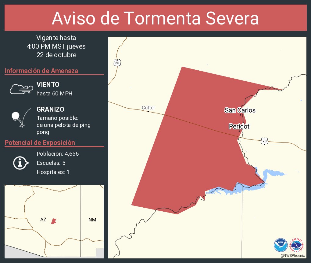 NWSPhoenix's tweet photo. Aviso de Tormenta Severa incluye San Carlos AZ, Peridot AZ hasta las 4:00 PM MST https://t.co/fnsN7NY7mm