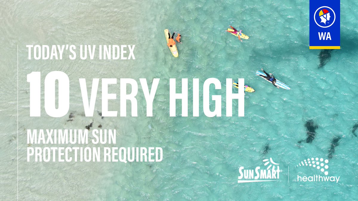 SLSWA's tweet photo. Sun protection is recommended from 8:20 am- 3:40 pm UV index is predicted to reach 10 (Very High). Be Sun Smart and slip, slop, slap, seek and slide. #Sunsmart🌞 https://t.co/nvyFkD2Q19