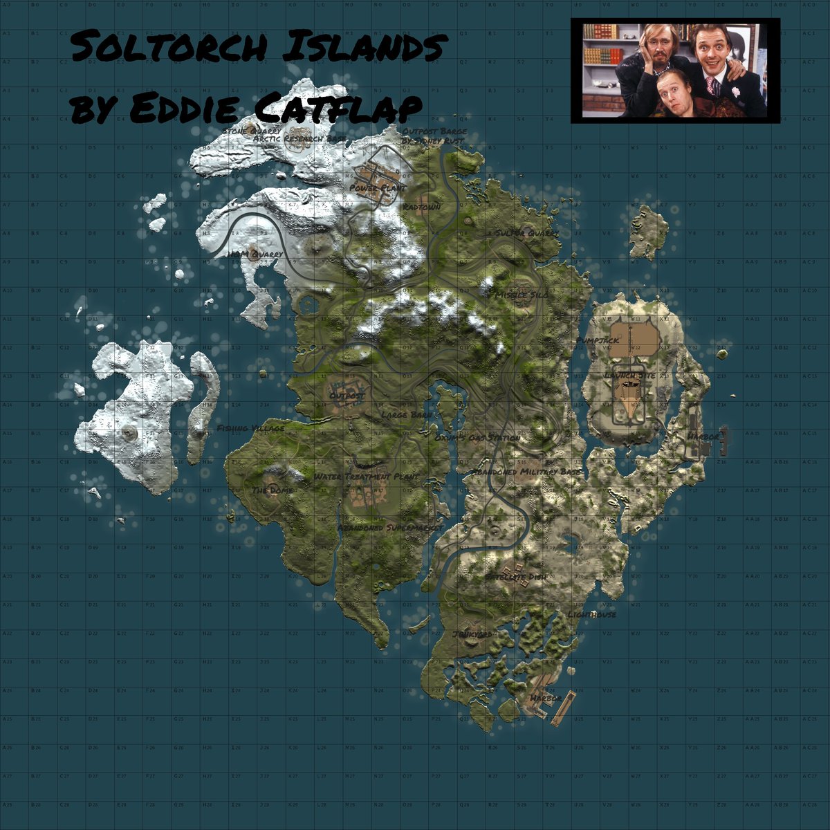 Eddie_Catflap_'s tweet photo. [AU/NZ] Eddie Catflap's Soltorch Islands just wiped, New custom map, Tugboat Vendors, Outpost Barge by Sydney Rust, Credit to Soltorch Games for the heightmap used to make this map. Search 'Eddie Catflap' in the @playrust server list #rustgame #justwiped #tugboats https://t.co/CfZymP7ZOl