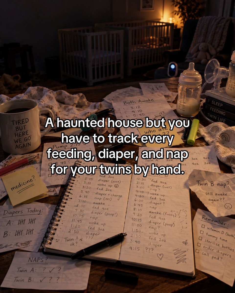 handsfulapp's tweet photo. Forget ghosts. The real horror is trying to remember who ate, who slept, and which baby did WHAT. 👻🍼

Parenting multiples is chaotic enough without juggling notebooks, sticky notes, and trying to remember two weeks of baby updates at the pediatrician’s office.

🎃 Try Handsful! https://t.co/xe1SUPosEA
