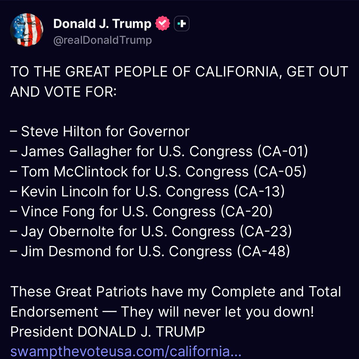 EricLDaugh's tweet photo. 🚨 NOW: Donald Trump just dropped his FULL LIST of CALIFORNIA endorsements, with Steve Hilton for governor at the very top

LFG!

California has a flurry of US House races that will be VITAL to maintaining the House GOP majority.

Vote and vote straight red in droves, California! https://t.co/vwssTPU1Qg