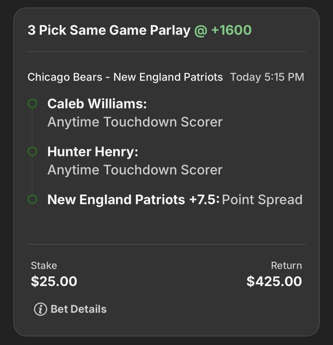 NFLG0D's tweet photo. +1600 3 Leg Parlay for Thursday Night Football 🏈

Caleb Williams Anytime TD
Hunter Henry Anytime TD
Patriots +7.5

This is a longshot parlay, not a lock.

Let’s Cash 💰 

#NFL https://t.co/UOFJvtJNEn