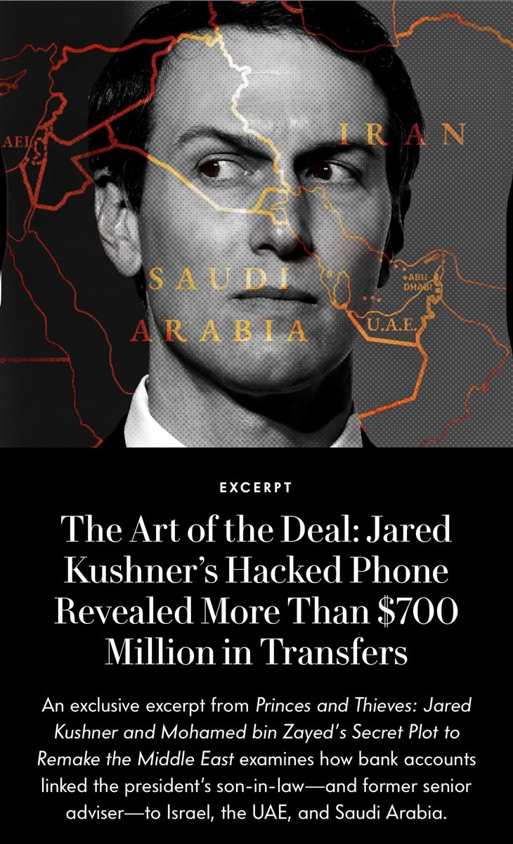 NotHoodlum's tweet photo. Jared Kushner’s hacked phone revealed he promised MBS and MBZ he would push their agenda with Trump if they participated in a secret fund, with the two royals initially discussing over $10B before ultimately placing at least $2B into his accounts. 
https://t.co/m1HVNpu5HN https://t.co/UHoiDFluME