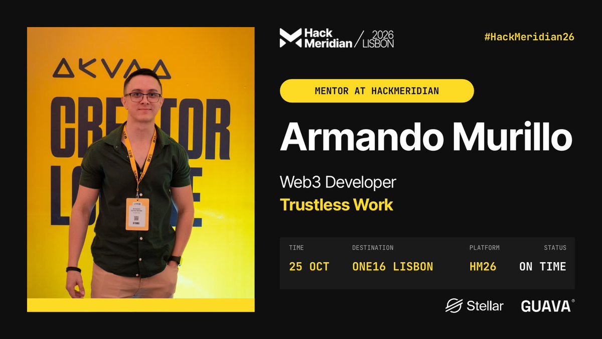Armando_Code's tweet photo. Heading to Lisbon 🇵🇹

Mentoring at HackMeridian, the Stellar hackathon ahead of #Meridian2026, with the @TrustlessWork team.

Building something where money should only move once the work is done? Come find me and let’s put an escrow in it.

#HackMeridian26 #Stellar #Escrow https://t.co/W8t3NHaR0M