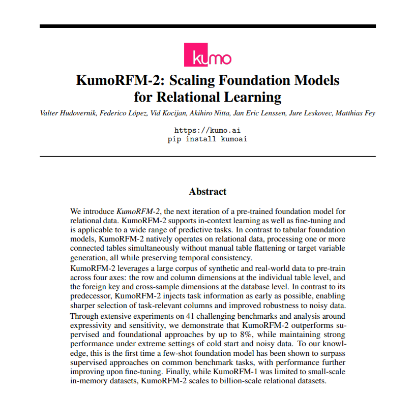 TeksEdge's tweet photo. Nvidia released Kumo Relational, a small purpose-built AI model to predict what happens next from your relational database.👀

👉Customer churn. | Fraud. | Future demand. | Conversion. | Risk.

This is not a replacement for SQL. SQL tells you what already happened.

Kumo is designed to predict what happens next from the relationships and history already inside your database.

And it can do this without training a separate model for every task or manually engineering features.

Instead of flattening a relational database into one giant table, it works across the relationships between your existing tables.

Give it historical examples in-context, up to 10,000, and ask it to perform classification or regression.

Nvidia tested it across 📊 41 tasks 🗄️ 15 databases

They report it beating supervised relational deep-learning systems and expert-engineered gradient-boosted-tree pipelines.

On SAP SALT, Nvidia says it beat large AutoGluon ensembles by 8% MRR.

You can download the weights and run it locally on CUDA.

The checkpoints are tiny
🧠 Classification → ~120MB
📈 Regression → ~124MB

Your model doesn't just query your private database anymore. It can try to predict what happens next from it.

🔓 NVIDIA-authored code → Apache 2.0
⚖️ Weights → OpenMDW 1.1

Link in ALT