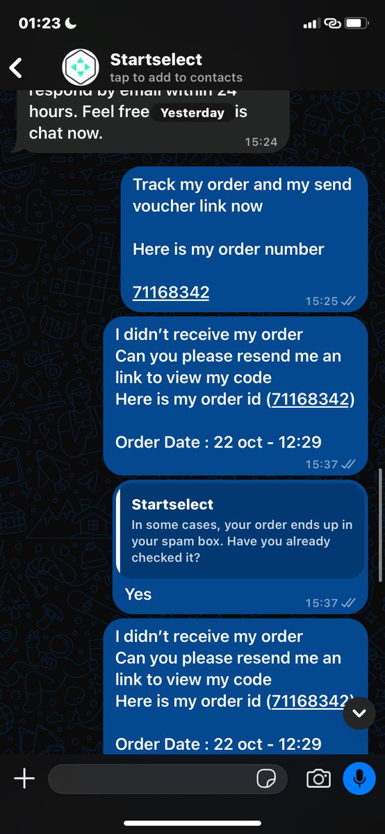 Katie6278's tweet photo. @Startselect_com I didn't receive my order
Can you please send   me an link to view my code
Here is my order id (71168342)
Order Date: 22 oct 

- ⁠time
- 12:29

Or
My correct email

Blinzkenz@gmail.com
@Startselect_com https://t.co/kuWsD1uikG
