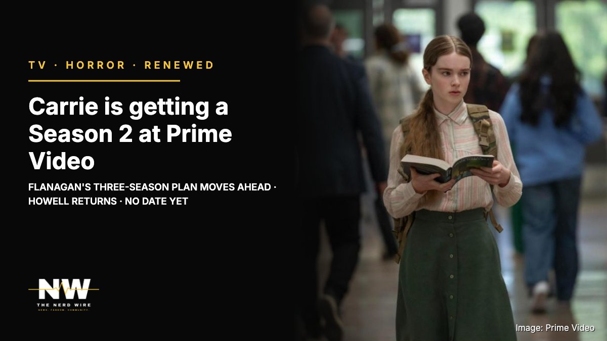 NerdWire's tweet photo. Carrie is coming back. Prime Video has renewed Mike Flanagan's Stephen King series for Season 2, two weeks after launch. Flanagan: "we imagined a story that goes far beyond the prom." https://t.co/a6050H6kK3 https://t.co/V2O7BPsCMV