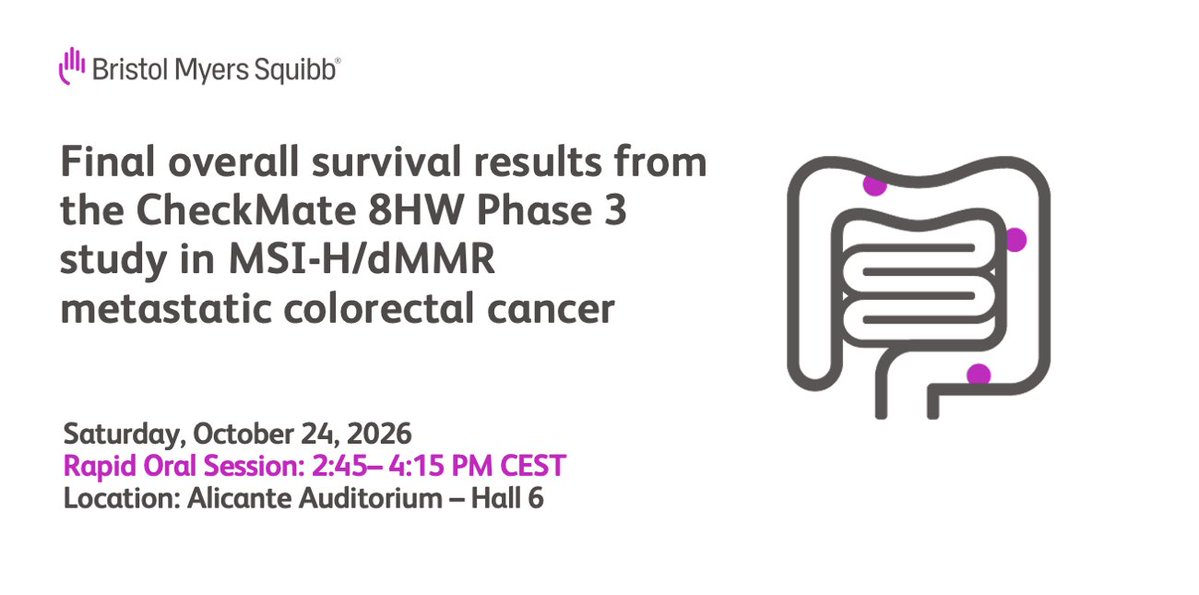 ScienceAtBMS's tweet photo. Tomorrow at #ESMO26, Dr. @sara_lonardi1 will present the final overall survival results from the Phase 3 CheckMate 8HW study in MSI-H/dMMR metastatic colorectal cancer (#CRC).

Explore our research: https://t.co/cegsU242Tw https://t.co/j5GfC9l3vY