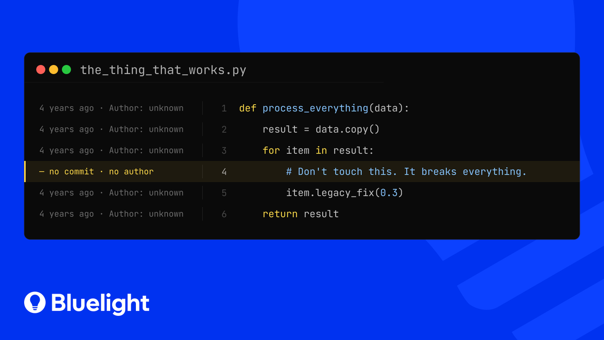 bluelightco's tweet photo. The most dangerous line of code isn't the broken one. 🔦
It's the one that works and nobody knows why.
When the person who wrote it leaves, the context leaves with them.
#CustomSoftwareDevelopment #EngineeringLeadership https://t.co/5yS6dzvbUu