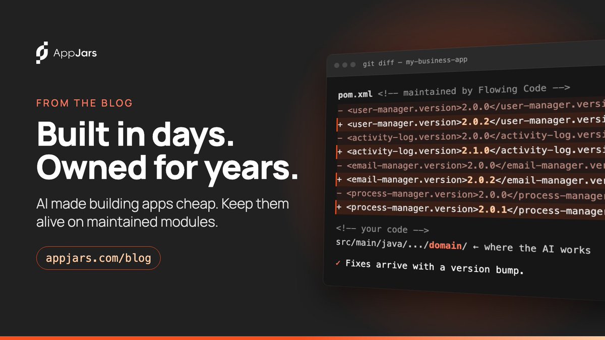 AppJarsModules's tweet photo. AI made building apps cheap. Owning them still isn't.

Ten AI-built apps means ten logins, ten audit trails and ten places to patch. Maintained modules turn that into a version bump.

https://t.co/VGJEGGuwvh https://t.co/s6valsy4Ss