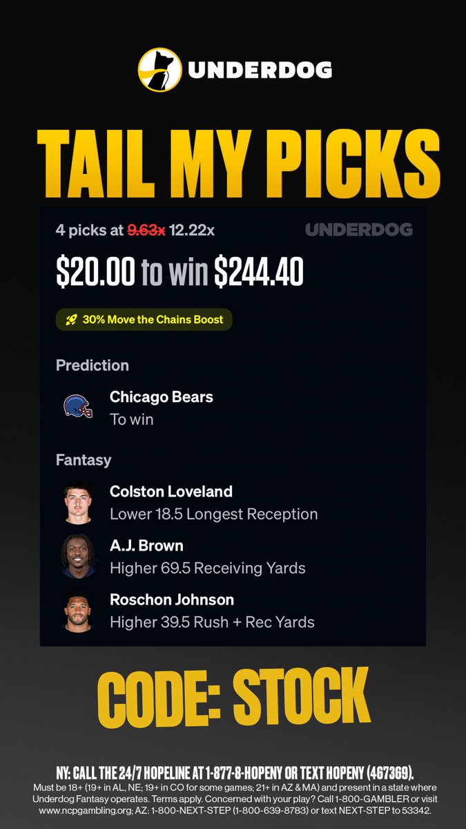 FootballStock's tweet photo. Tail These Picks tonight

New Users to Underdog can get $100 in Bonus Funds
https://t.co/Kz5JDrcCnK

Here's our record for the year! https://t.co/MAc01sJUFT
