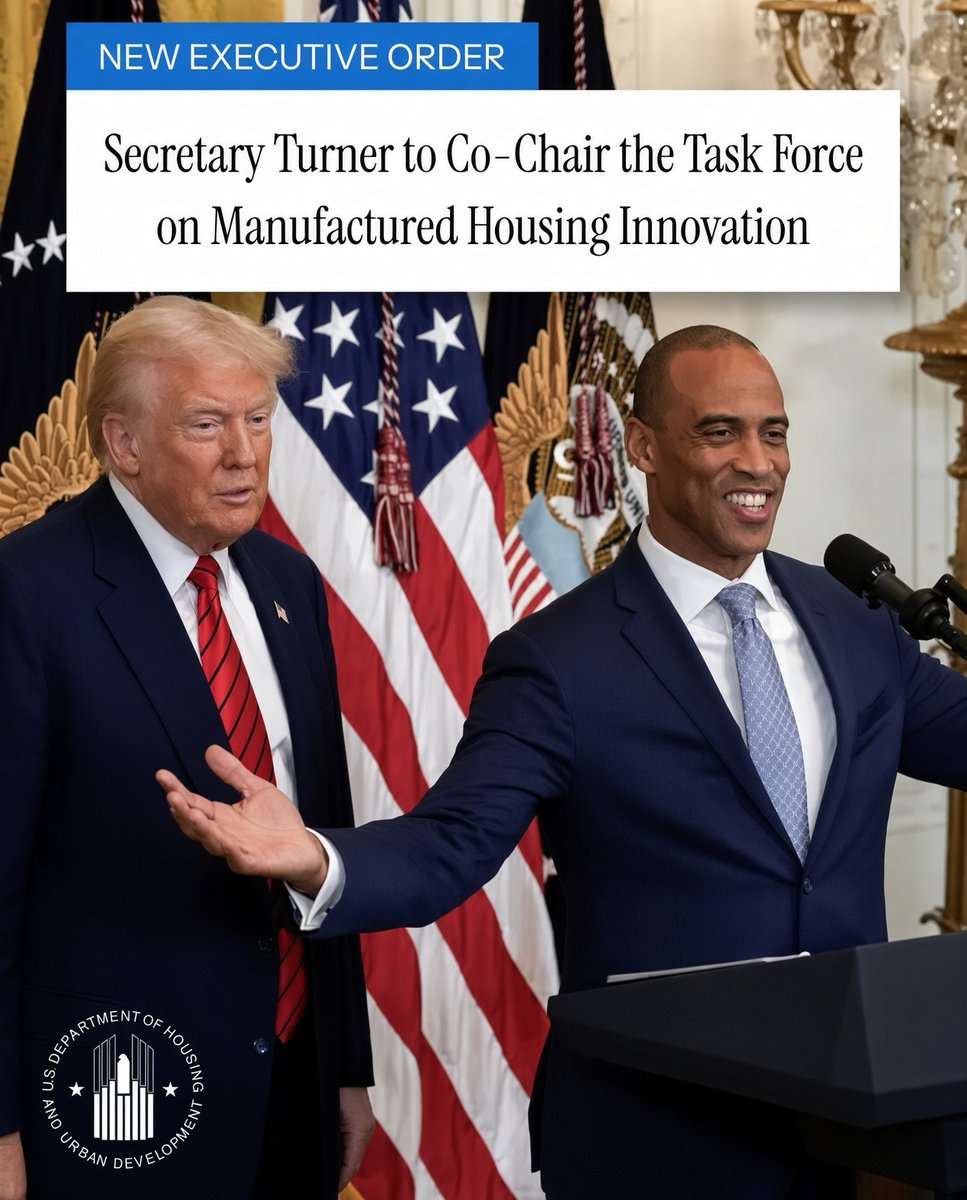 SecretaryTurner's tweet photo. President Trump continues to unlock the American Dream for American families.

This action will unleash our private sector, boost manufactured housing supply, and increase housing affordability across the country.

Thank you, @POTUS! https://t.co/71NfIA7Egl