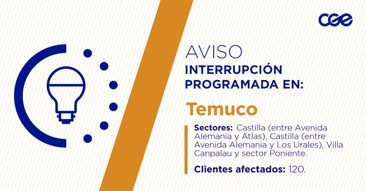 CGE_Clientes's tweet photo. Para mejorar la calidad del suministro de nuestros clientes de #Temuco, este viernes, entre 09:00 y 13:00 horas, se realizará una #InterrupciónProgramada (sectores en la imagen 👇) debido a trabajos de mejoras. Esto afectará a 120 clientes. Recuerda desconectar tus artefactos 🔌 https://t.co/W0d3cqnVfF